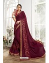 Maroon Embroidered Designer Party Wear Saree