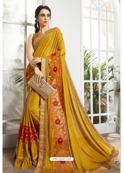 Mustard Embroidered Designer Party Wear Saree