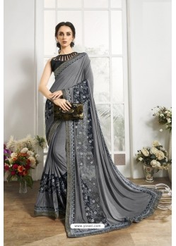 Grey Embroidered Designer Party Wear Saree