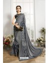 Grey Embroidered Designer Party Wear Saree