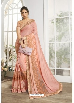 Peach Embroidered Designer Party Wear Saree