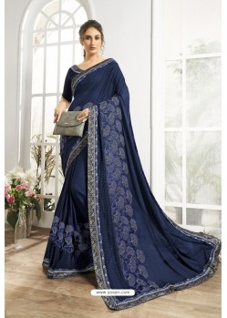 Navy Blue Embroidered Designer Party Wear Saree