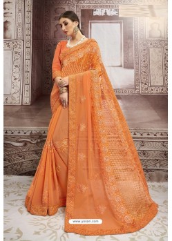 Orange Chiffon Embroidered Party Wear Saree