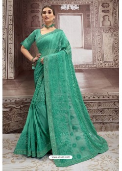 Aqua Mint Chiffon Embroidered Party Wear Saree