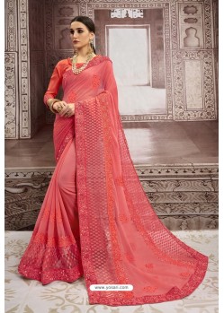 Peach Chiffon Embroidered Party Wear Saree