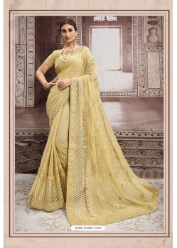 Gold Chiffon Embroidered Party Wear Saree