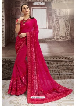 Rose Red Chiffon Embroidered Party Wear Saree