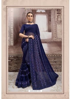 Navy Blue Chiffon Embroidered Party Wear Saree