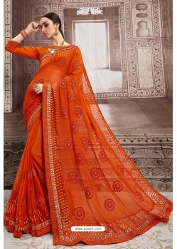 Stunning Orange Chiffon Embroidered Party Wear Saree