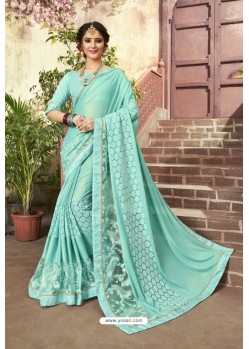 Sky Blue Party Wear Embroidered Saree