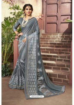 Grey Party Wear Embroidered Saree