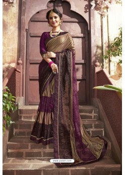 Purple And Golden Party Wear Embroidered Saree