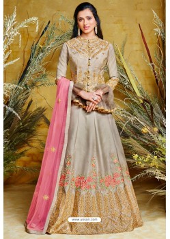 Taupe Heavy Net With Pure Silk Embroidered Designer Suit