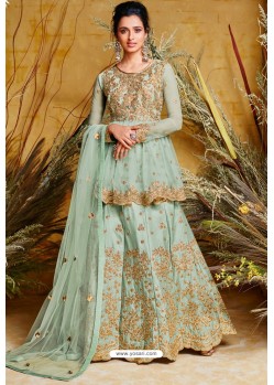 Sea Green Heavy Net With Pure Silk Embroidered Designer Suit