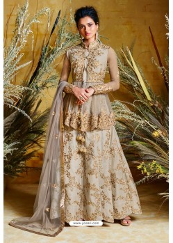 Beige Heavy Net With Pure Silk Embroidered Designer Suit