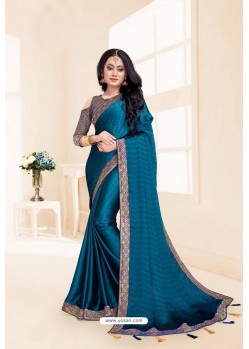 Teal Blue Global Fabric Party Wear Saree