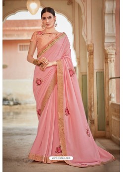 Peach Bamberg Georgette Embroidered Designer Saree