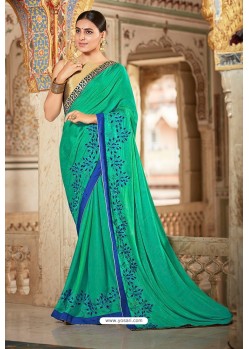 Aqua Mint Bamberg Georgette Embroidered Designer Saree