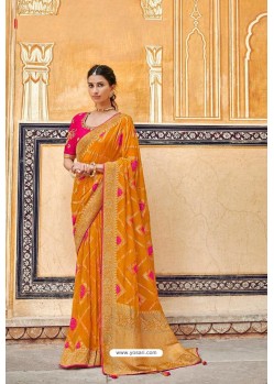 Mustard Banarasi Silk Heavy Embroidered Designer Saree