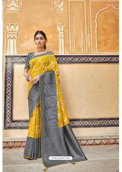 Yellow Banarasi Silk Heavy Embroidered Designer Saree