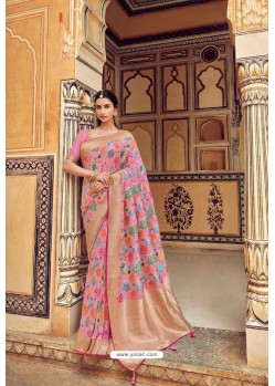 Light Pink Banarasi Silk Heavy Embroidered Designer Saree