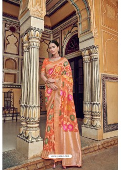 Orange Banarasi Silk Heavy Embroidered Designer Saree