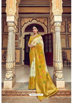 Fabulous Yellow Banarasi Silk Heavy Embroidered Designer Saree