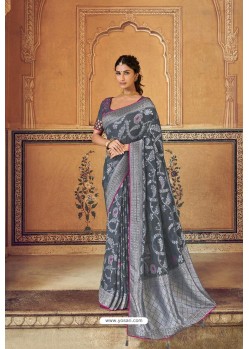 Grey Banarasi Silk Heavy Embroidered Designer Saree