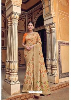 Beige Banarasi Silk Heavy Embroidered Designer Saree