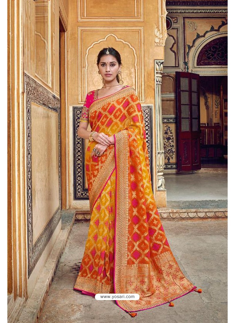 Red/Yellow Chanderi Silk Saree with Stitched Blouse – HOLYZARI LLC