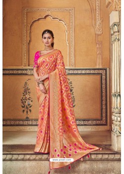 Dark Peach Banarasi Silk Heavy Embroidered Designer Saree