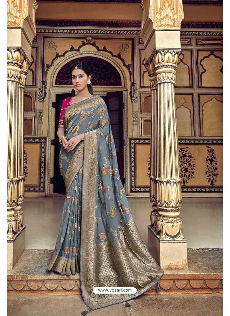 Buy Latest Grey Banarasi Silk Heavy Embroidered Designer Saree ...