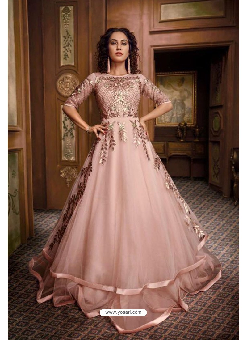 Buy Blush Pink Sequins Embroidered Net Evening Gown Online  Samyakk
