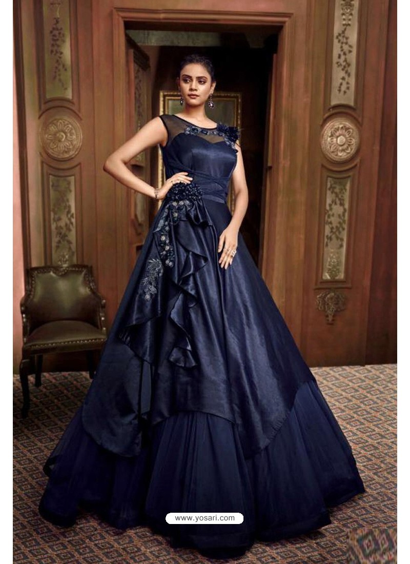 navy blue gowns designer