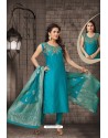 Stylish Teal Blue Bhagalpuri Silk Designer Churidar Suit