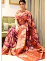 Wine Art Silk Weaving Worked Party Wear Saree