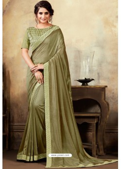 Olive Green Poly Silk Embroidered Party Wear Saree