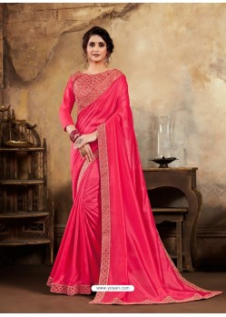 Rose Red Poly Silk Embroidered Party Wear Saree