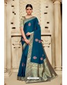 Peacock Blue Poly Silk Jacquard Work Designer Saree