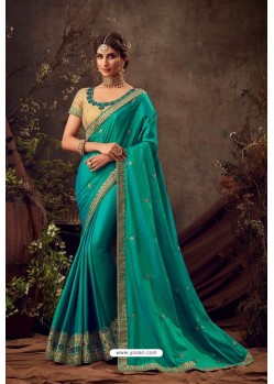 Aqua Mint Poly Silk Embroidered Designer Saree