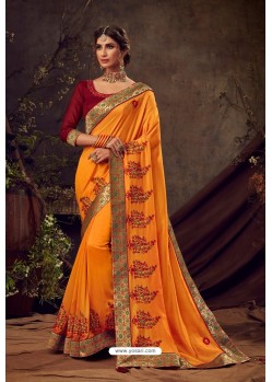 Mustard Poly Silk Embroidered Designer Saree