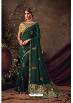 Dark Green Poly Silk Embroidered Designer Saree