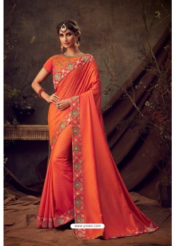 Orange Poly Silk Embroidered Designer Saree