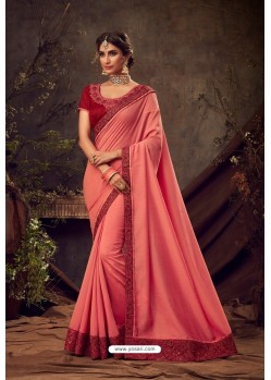 Peach Poly Silk Embroidered Designer Saree