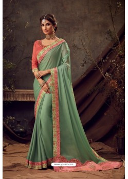 Green Poly Silk Embroidered Designer Saree