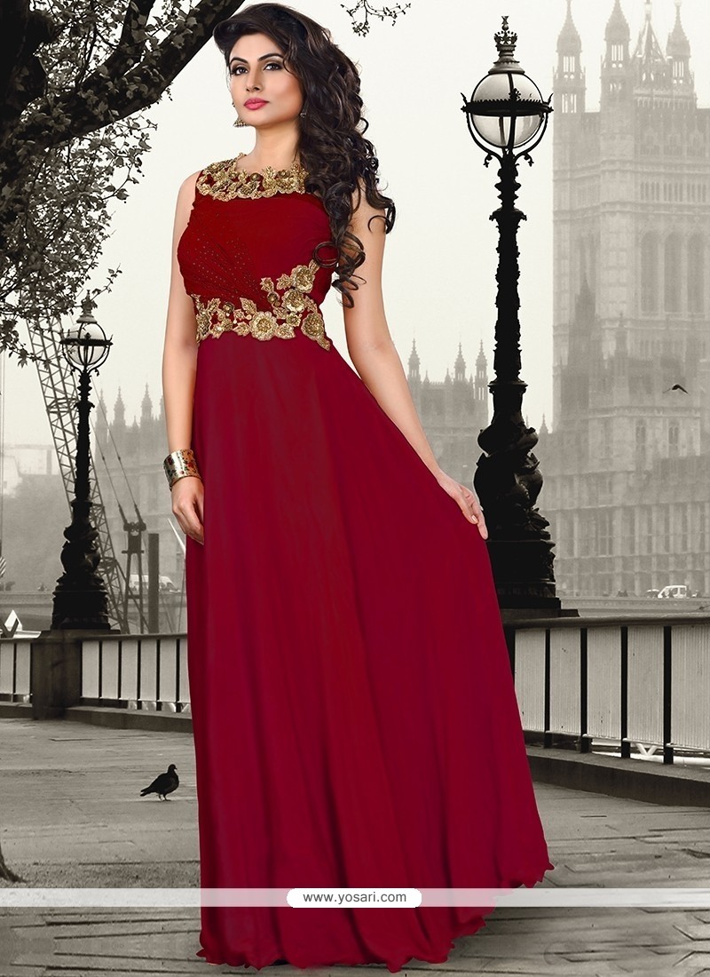 Blissful Maroon Pure Crepe Floor Length Gown
