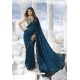 Teal Blue Satin Silk Designer Saree