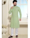 Green Cotton Polly Front Open Style Embroidered Kurta Pajama