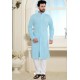 Sky Blue Cotton Polly Front Open Style Embroidered Kurta Pajama