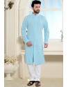 Sky Blue Cotton Polly Front Open Style Embroidered Kurta Pajama